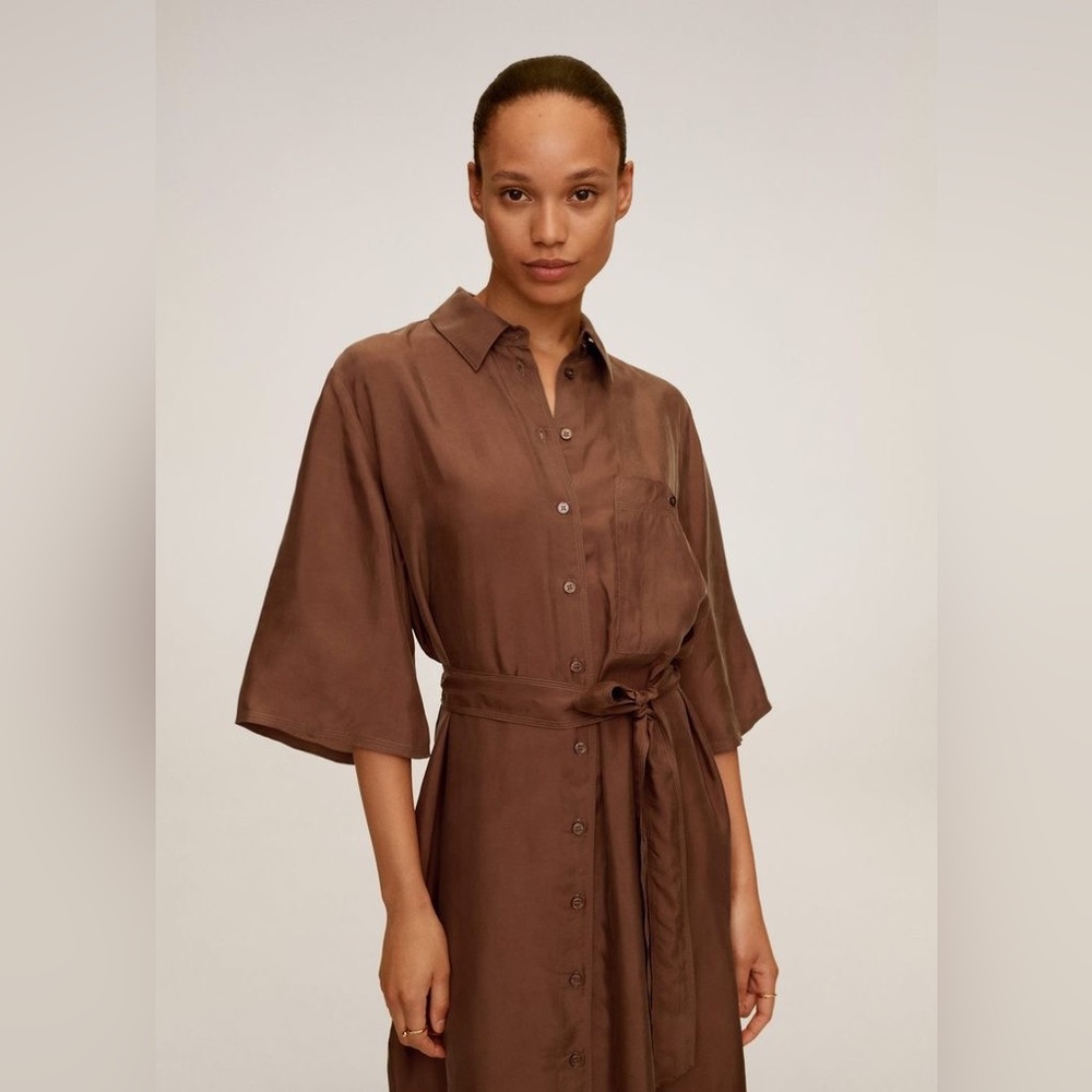 Mango MNG Chocolate Brown Dress Silky Satin Finish Cupro Button Front Size 4